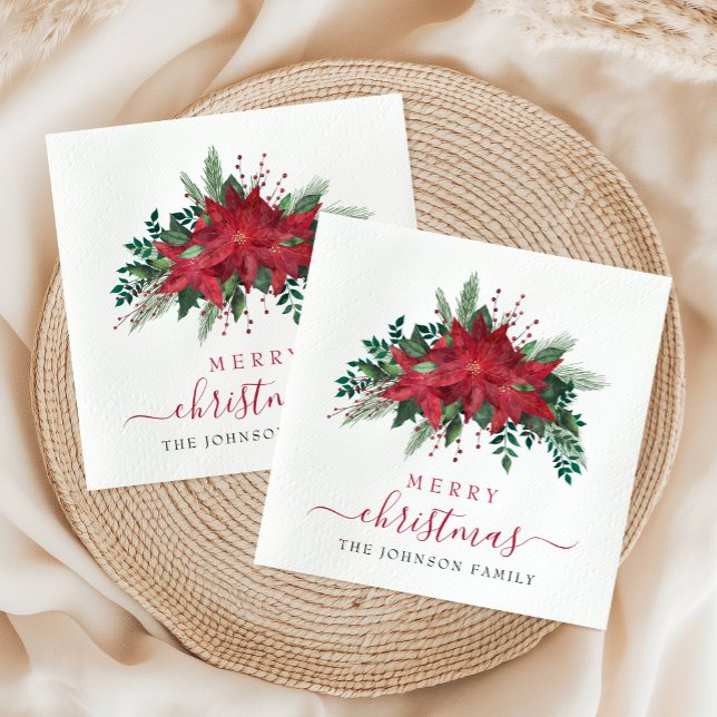 Guardanapo De Papel Natal de Script Floral do Elegante Red Poinsettia (Elegant Red Poinsettia Floral Script Christmas Napkins)