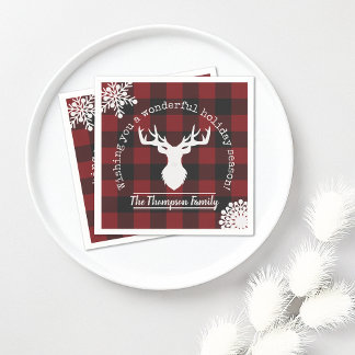 Guardanapo De Papel Natal de Xadrez de Búfalo Vermelho e Preto com Ren