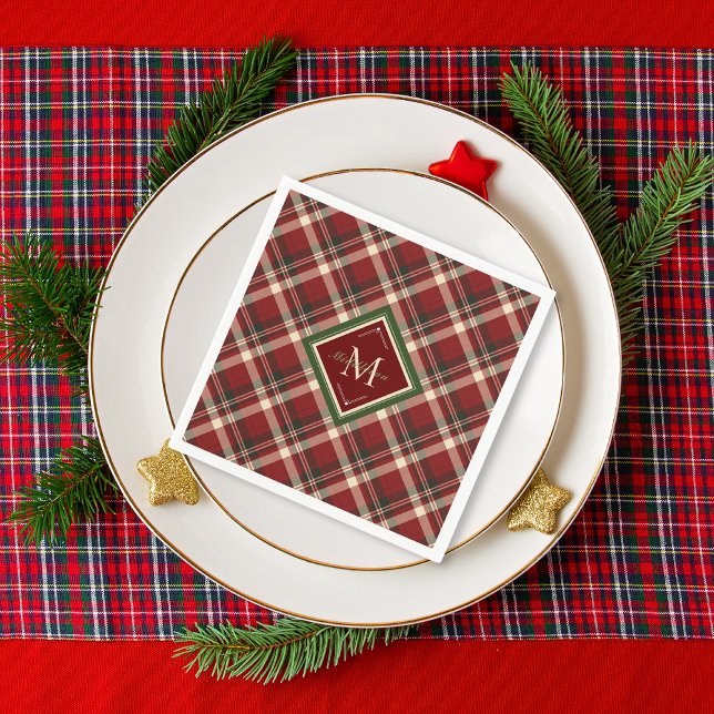 Guardanapo De Papel Natal Festivo, Russo, Xadrez Vermelha, Monograma (Criador carregado)