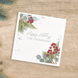 Guardanapo De Papel Natal Holly Berries Greenery Silver