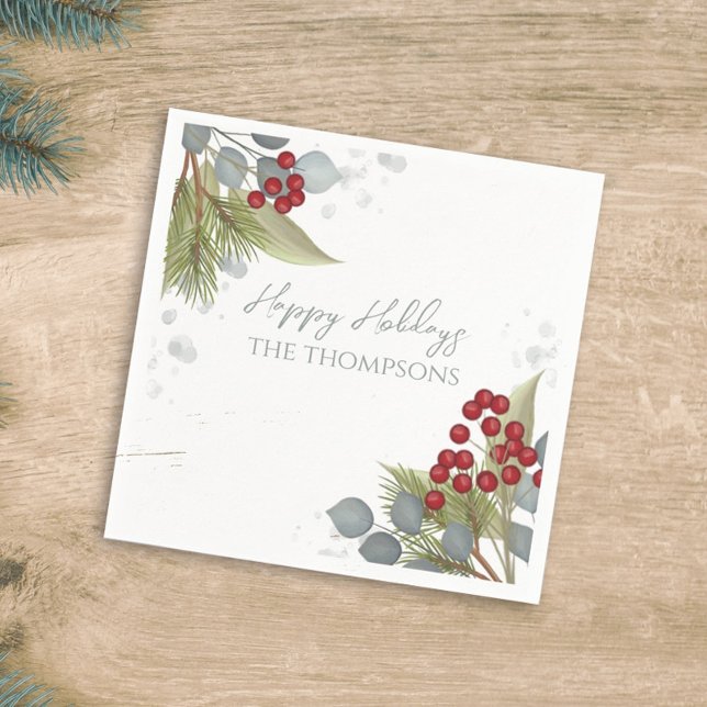 Guardanapo De Papel Natal Holly Berries Greenery Silver (Criador carregado)
