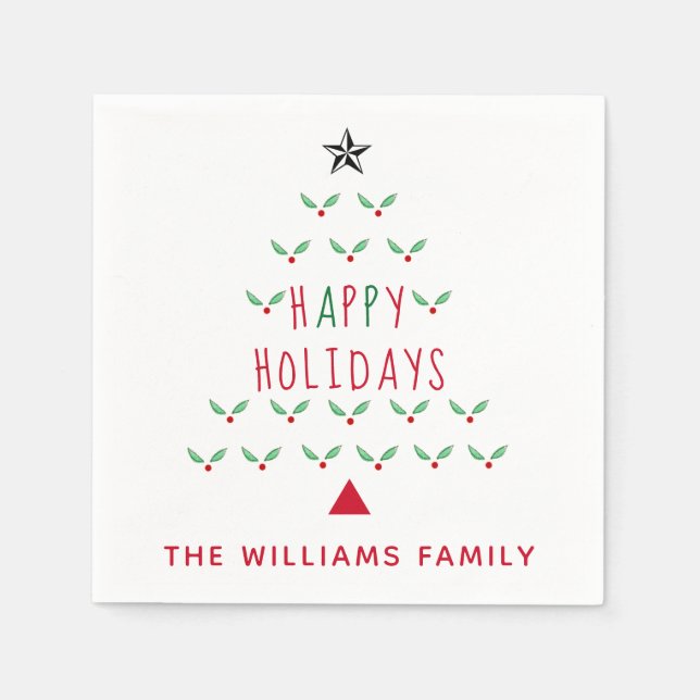 Guardanapo De Papel Natal Holly Happy Holidays Moderno (Frente)