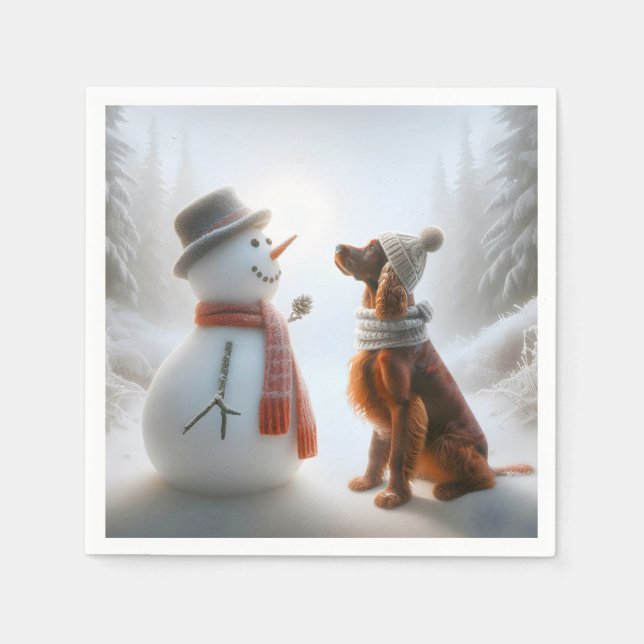Guardanapo De Papel Natal - Irlandês Setter com Snowman (Frente)
