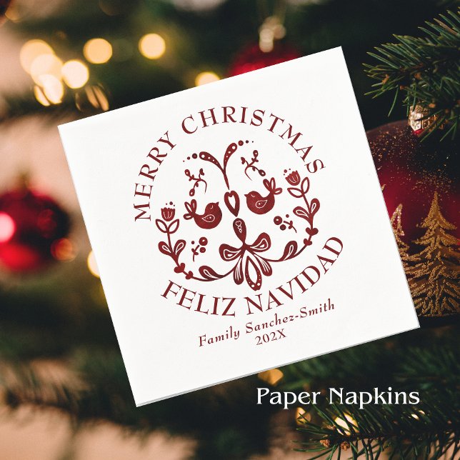 Guardanapo De Papel Natal para as Aves Bilíngues da Borgonha Elegante (Bilingual Christmas Spanish paper napkins, customizable text & family name. multilingual project)