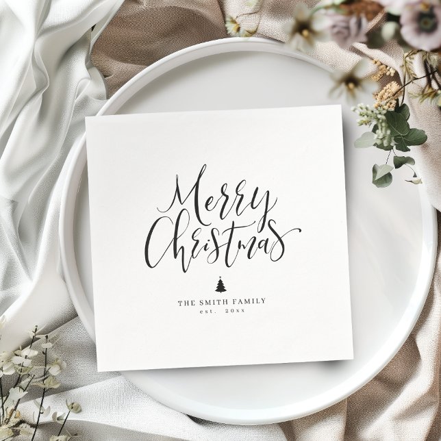 Guardanapo De Papel Natal Simples Preto e Branco em Caligrafia (Black & White Simple Calligraphy Merry Christmas Napkins)