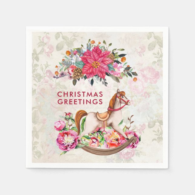 Guardanapo De Papel Natal Vitoriano do Cavalo Rocking e Poinsettia (Frente)