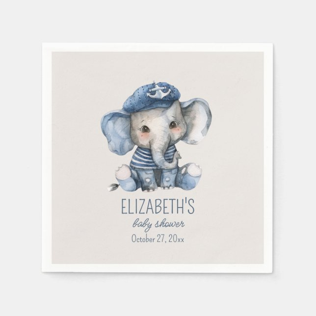 Guardanapo De Papel Nautical Blue Baby Elephant Baby Shower (Frente)
