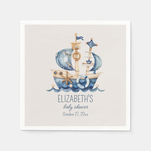 Guardanapo De Papel Nautical Blue Sailing Ship Baby Shower (Frente)