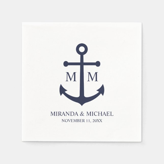 Guardanapo De Papel Nautical Navy Blue Anchor Wedding (Frente)