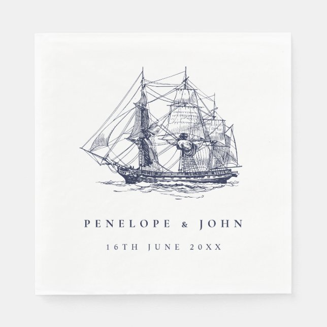Guardanapo De Papel Nautical Ship Illustration Destination Wedding (Frente)