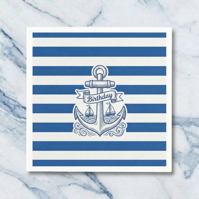 Guardanapo De Papel Nautical Striped Anchor Birthday (Classic stripes for your celebration.)