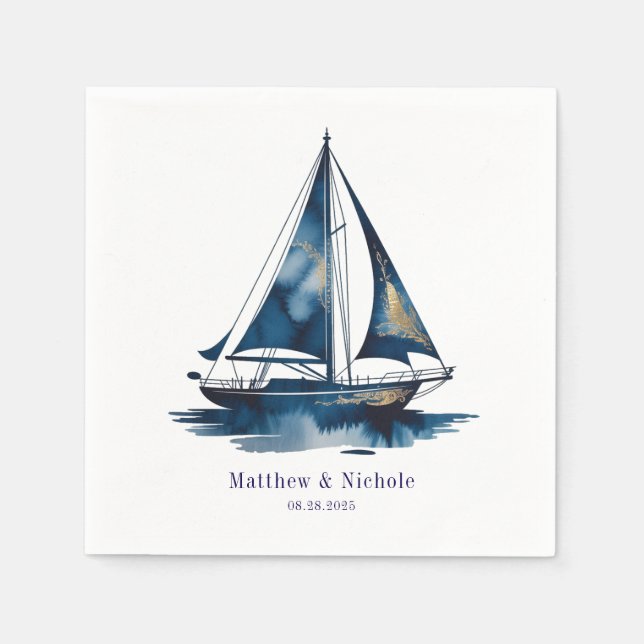 Guardanapo De Papel Navy and Gold Nautical Boat Gold Frame Wedding (Frente)