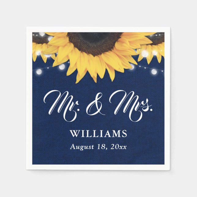 Guardanapo De Papel Navy Blue Burlap String Lights Sunflower Wedding (Frente)