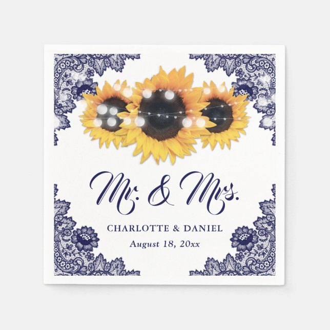 Guardanapo De Papel Navy Blue Floral Lace Sunflower Wedding (Frente)