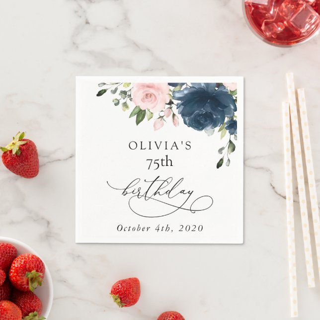 Guardanapo De Papel Navy Blue Flowers, Pink Flowers, Boho, Birthday (Insitu)