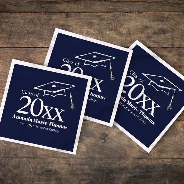 Guardanapo De Papel Navy Blue Graduation Cap Class of 20XX Name (Elevate your grad party with custom navy blue Class of 20XX napkins.)