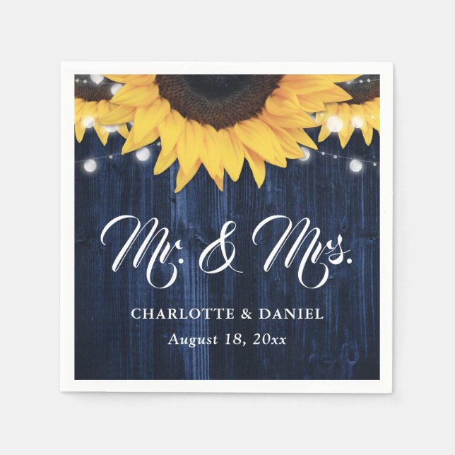 Guardanapo De Papel Navy Blue Wood String Lights Sunflower Wedding (Frente)