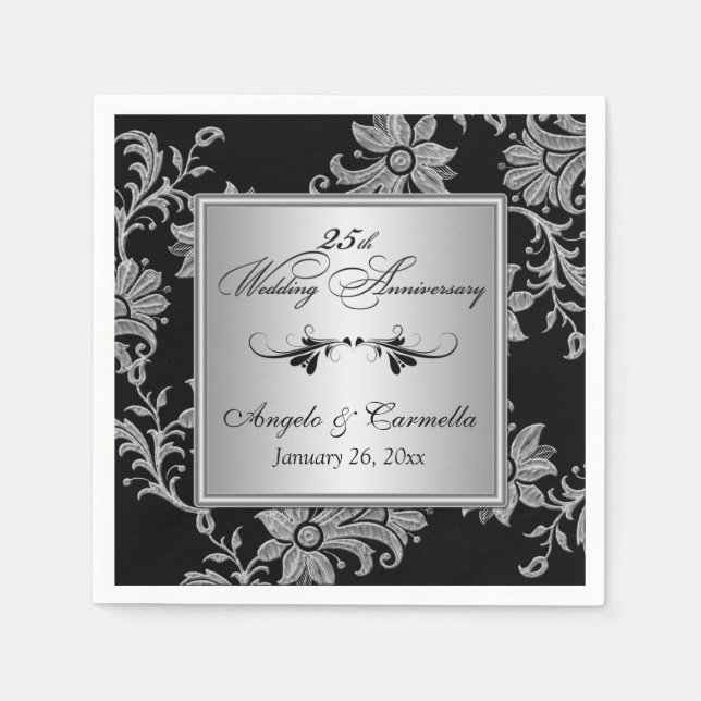 Guardanapo De Papel Negra, 25 Silver Casamento Aniversário Napkins (Frente)