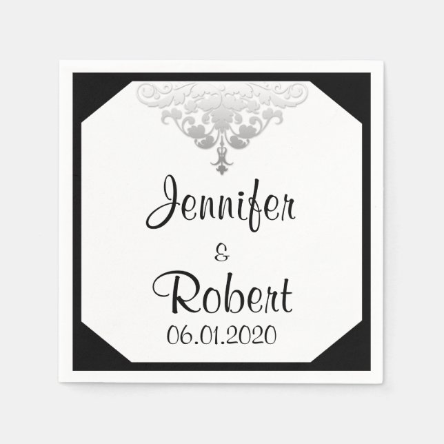 Guardanapo De Papel Negra branca e Casamento tema damasco Prateado (Frente)