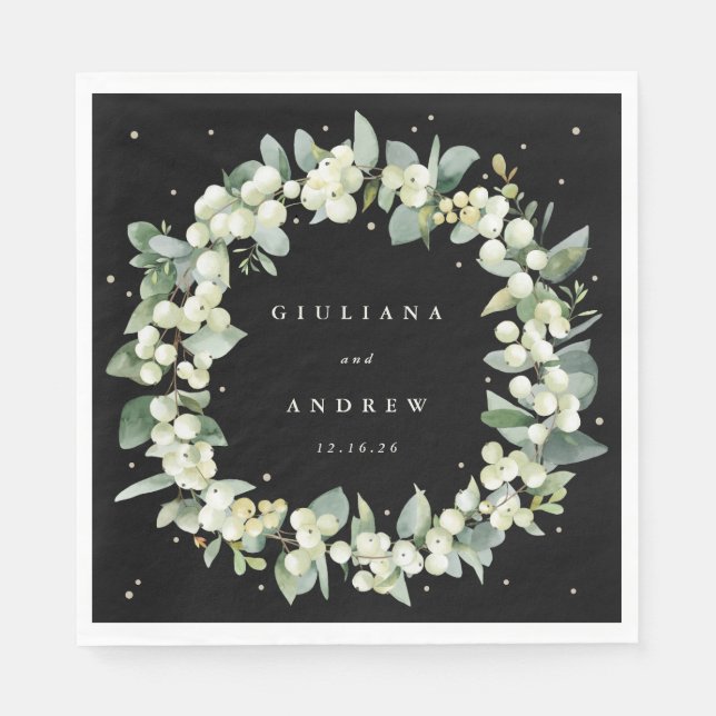 Guardanapo De Papel Negra Elegante Snowberry+Eucalyptus Wreath Casamen (Frente)