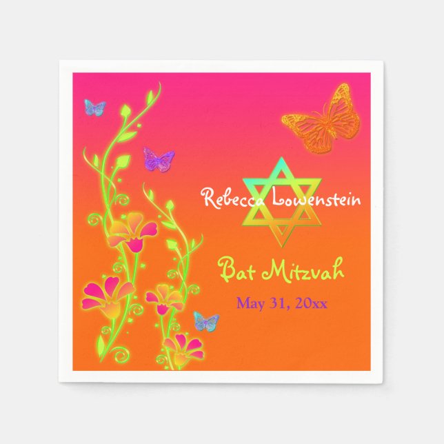 Guardanapo De Papel Neon Butterflies & Flowers Bat Mitzvah Napkins 2 (Frente)