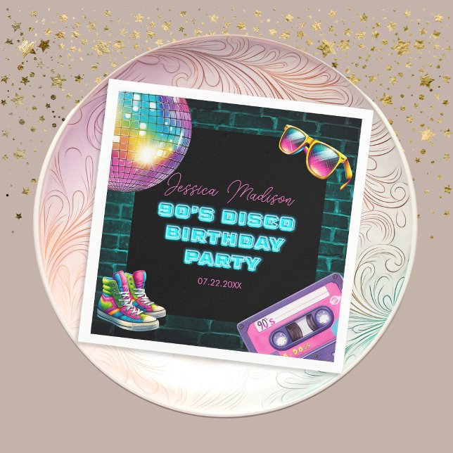 Guardanapo De Papel Neon Disco Aniversário dos anos 90 (Criador carregado)