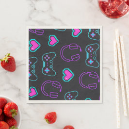 Guardanapo De Papel Neon Gamer Controller and Hearts Pattern