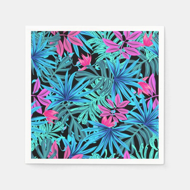 Guardanapo De Papel Neon Pink and Blue Tropical Plant Pattern (Frente)