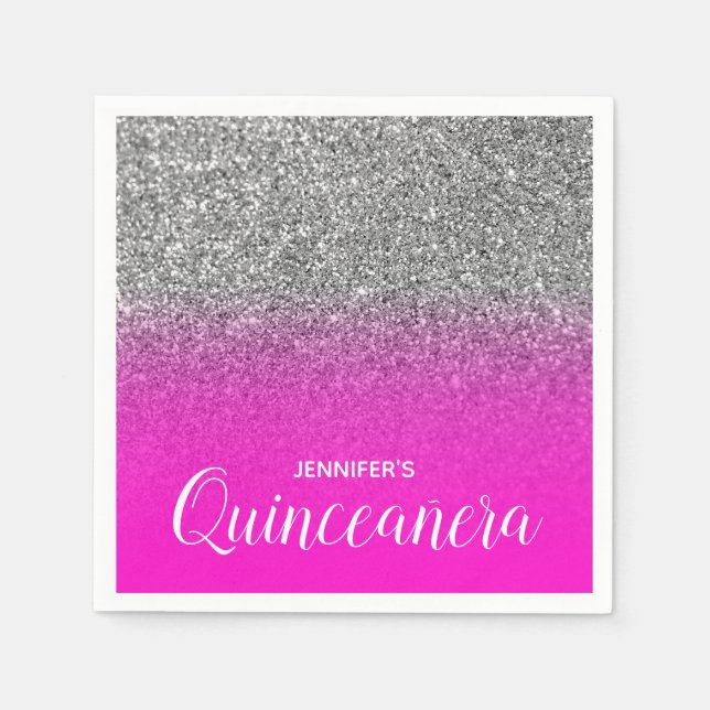 Guardanapo De Papel Neon Pink e Silver Glitter Quinceanera (Frente)