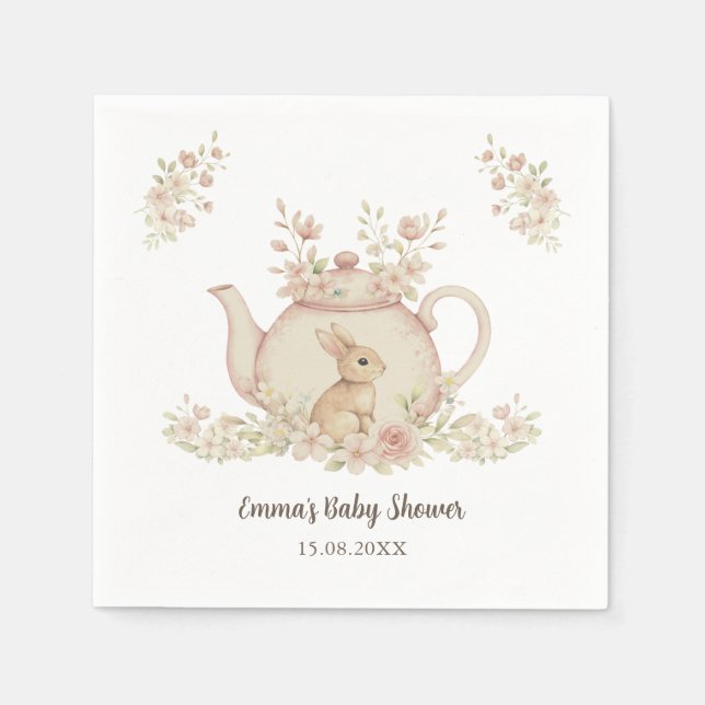 Guardanapo De Papel Neutral Bunny & Floral Teapot Baby Shower  (Frente)