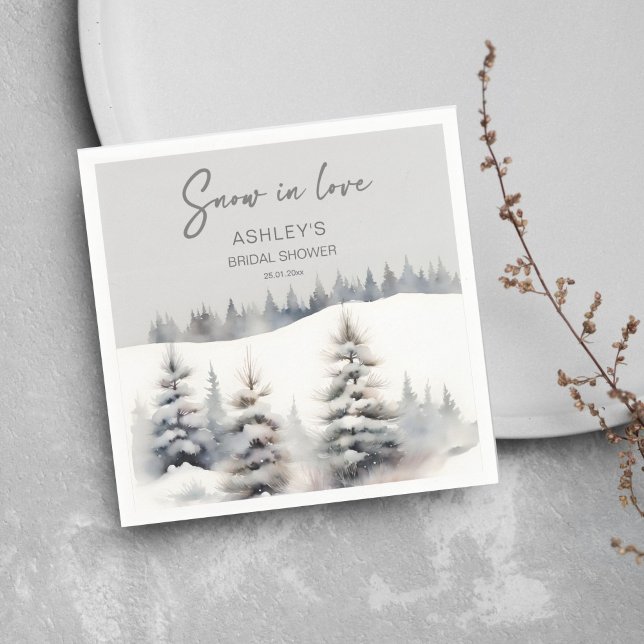 Guardanapo De Papel Neve apaixonada pelo chá de panela da floresta de  (Snow in love winter pine forest bridal shower template napkins watercolor snowy pines casual font)