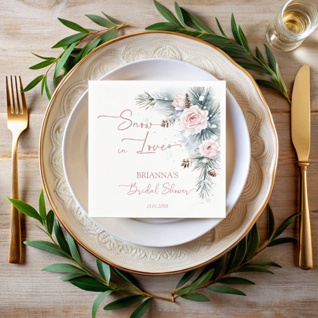 Guardanapo De Papel Neve no amor pinheiros nevados inverno chá de noiv (Snow in love snowy pines greenery blush roses winter bridal shower personalized monogrammed napkins )
