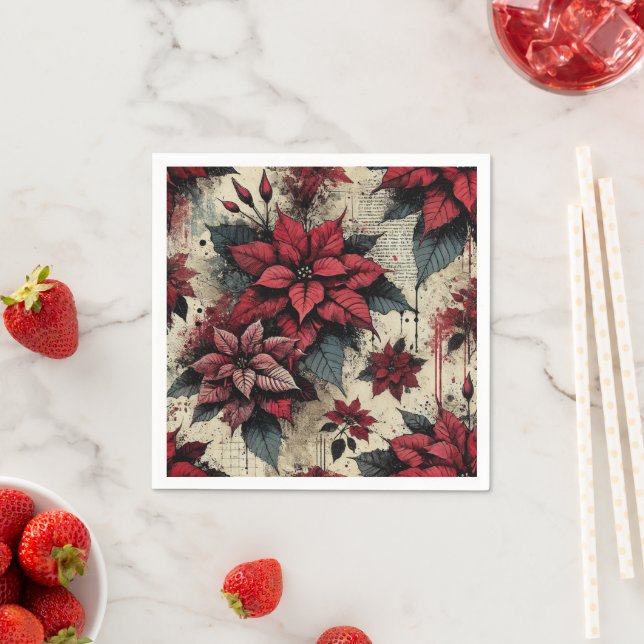 Guardanapo De Papel Newsprint Poinsettia Grunge Art Decoupage Napkins (Insitu)