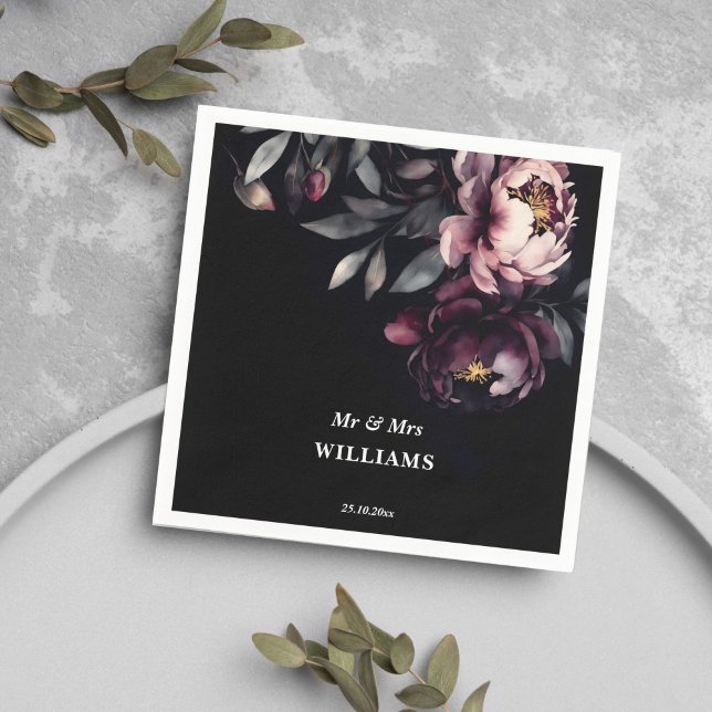 Guardanapo De Papel Nó escura, elegante e ladrão de peões modelo (Dark moody noir elegant burgundy peonies template napkins personalized wedding tableware)