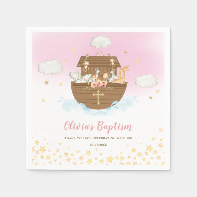 Guardanapo De Papel Noah's Ark Cute Animal Girl Baptism Christening (Frente)