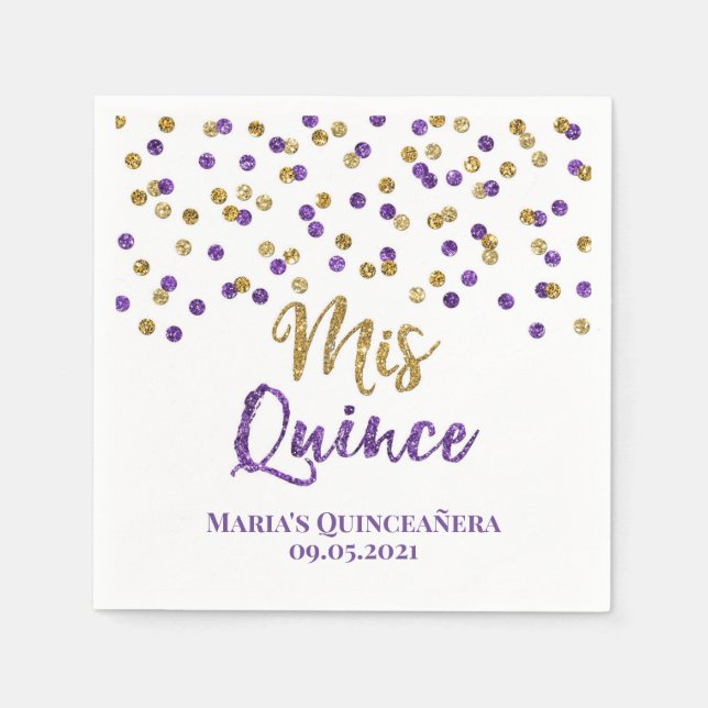 Guardanapo De Papel Noite de Confetti Quinceañera, Dourado Roxo (Frente)