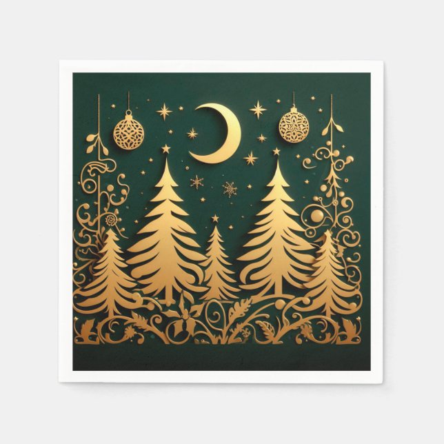 Guardanapo De Papel Noite Encantada – Padrão de Árvore de Natal ao Lua (Frente)