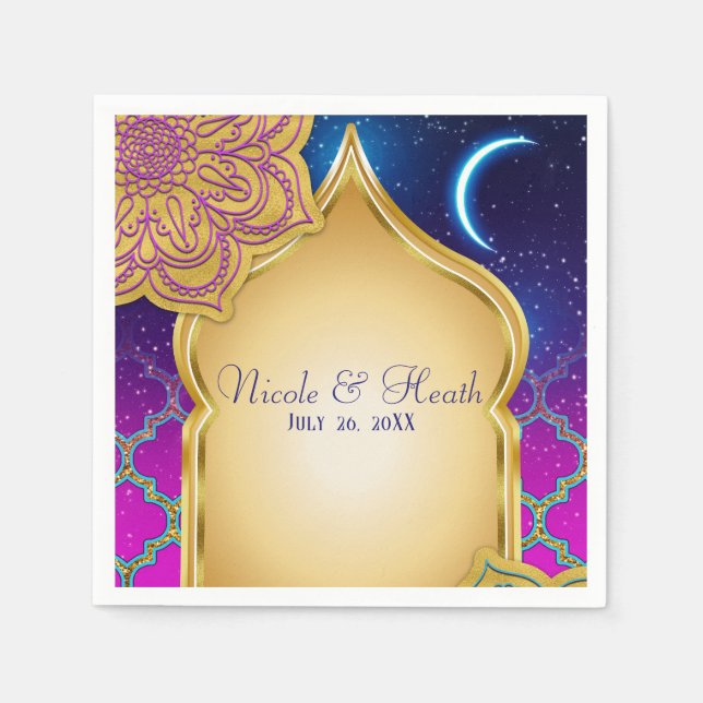Guardanapo De Papel Noites Árabes da Lua Azul Glamouroso Dourado Roxo  (Frente)