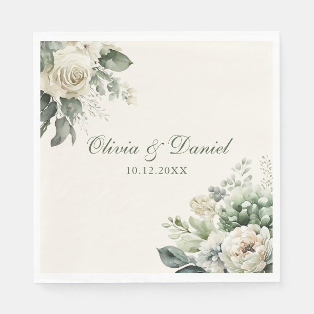 Guardanapo De Papel Noiva Boho Verde Sage e Flores de Marfim Casamento (Frente)
