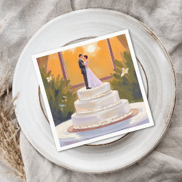 Guardanapo De Papel Noiva e Noivo de Bolo de Casamento Morena Aquarela