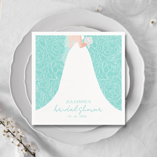 Guardanapo De Papel Noiva Elegante sobre o Chá de panela Turquoise Nap (Elegant bride in her gown on a background of sketched roses on turquoise bridal shower napkins)