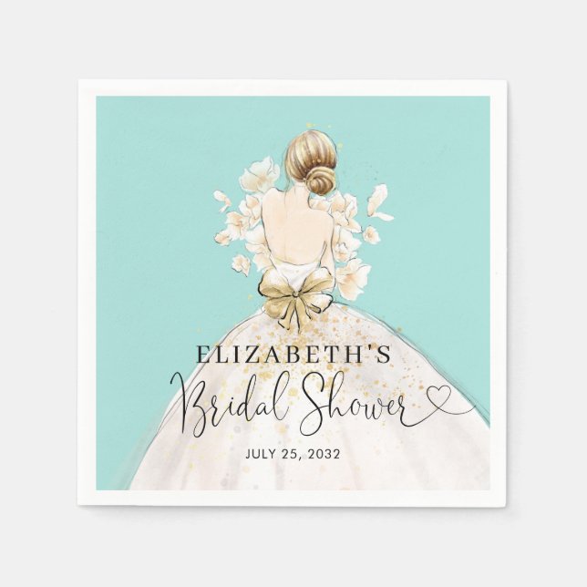 Guardanapo De Papel Noiva Loira Vestida Azul Chá de panela Floral Dour (Frente)