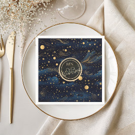 Guardanapo De Papel Noiva Monograma Dourado da Marinha Celestial