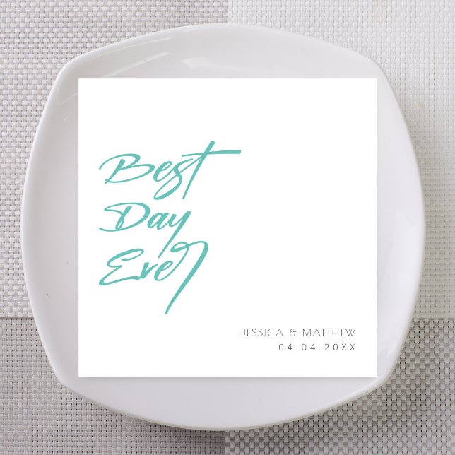 Guardanapo De Papel Noiva Negrito Verde Bold Melhor Dia Já Personaliza (Bold teal brush script Best Day Ever custom wedding napkins with names.)
