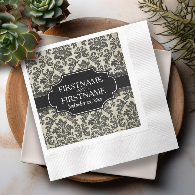 Guardanapo De Papel Noiva Preta Gótica de Renda e Pergaminho de Aniver (Black Lace Personalized Wedding Napkins)