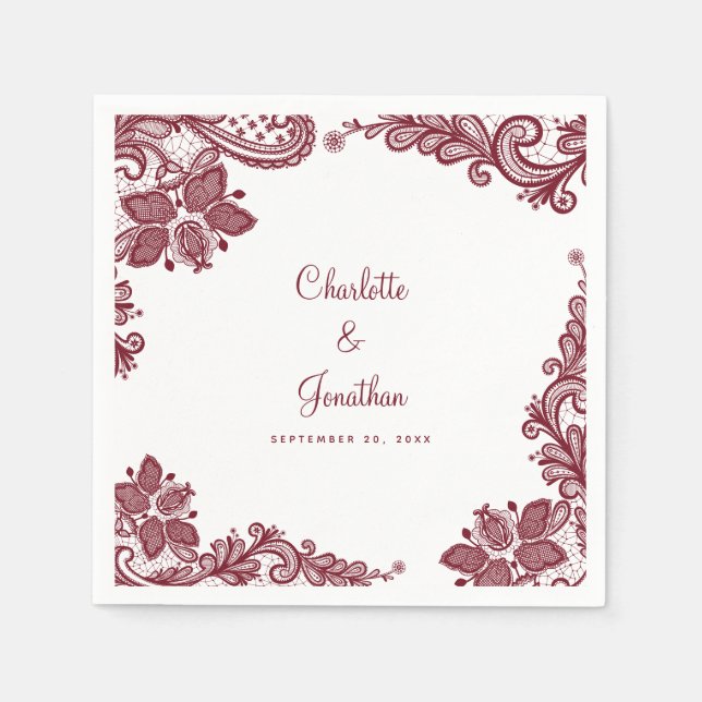 Guardanapo De Papel Noivado de Casamento de Lace Elegante Noiva e Verm (Frente)