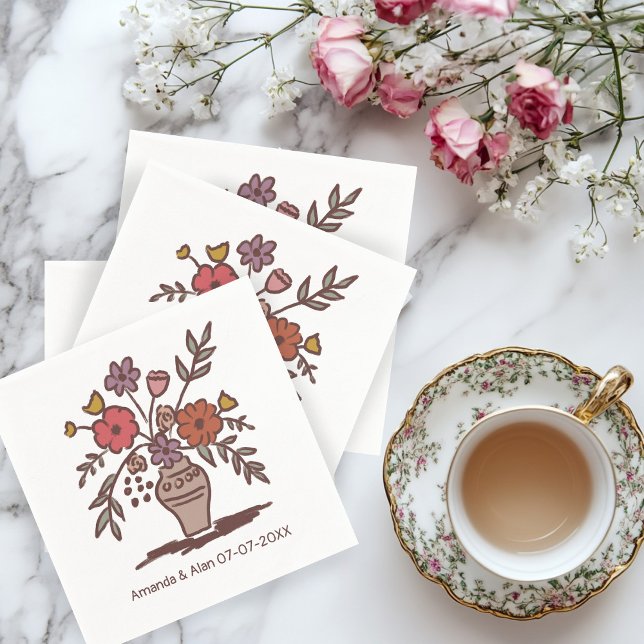 Guardanapo De Papel Noivado de Casamento PERSONALIZADO Floral Vase Ske (Floral Vase Sketch CUSTOM Wedding Engagement Napkins
)