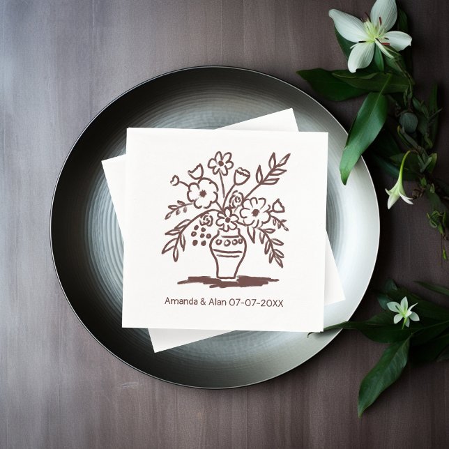 Guardanapo De Papel Noivado de Casamento PERSONALIZADO Floral Vase Ske (Floral Vase Sketch CUSTOM Wedding Engagement Napkins
)