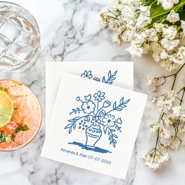 Guardanapo De Papel Noivado de Casamento PERSONALIZADO Floral Vase Ske (Floral Vase Sketch CUSTOM Wedding Engagement Napkins
)