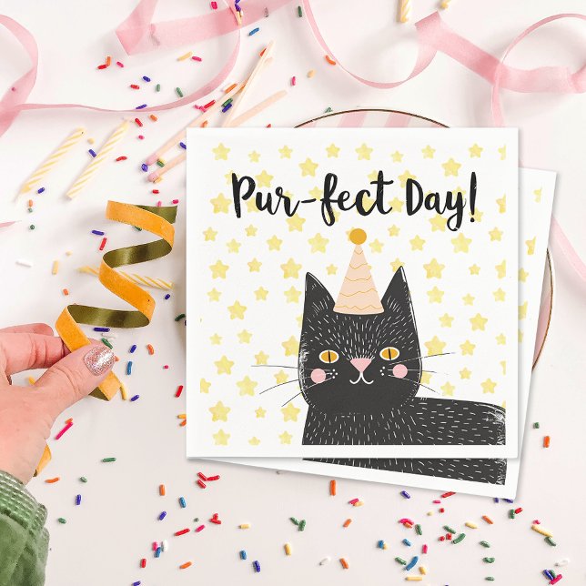 Guardanapo De Papel Noivado do Dia Perfeito de Gato Negro Engraçado (Funny Black Cat Perfect Day Birthday Napkins)